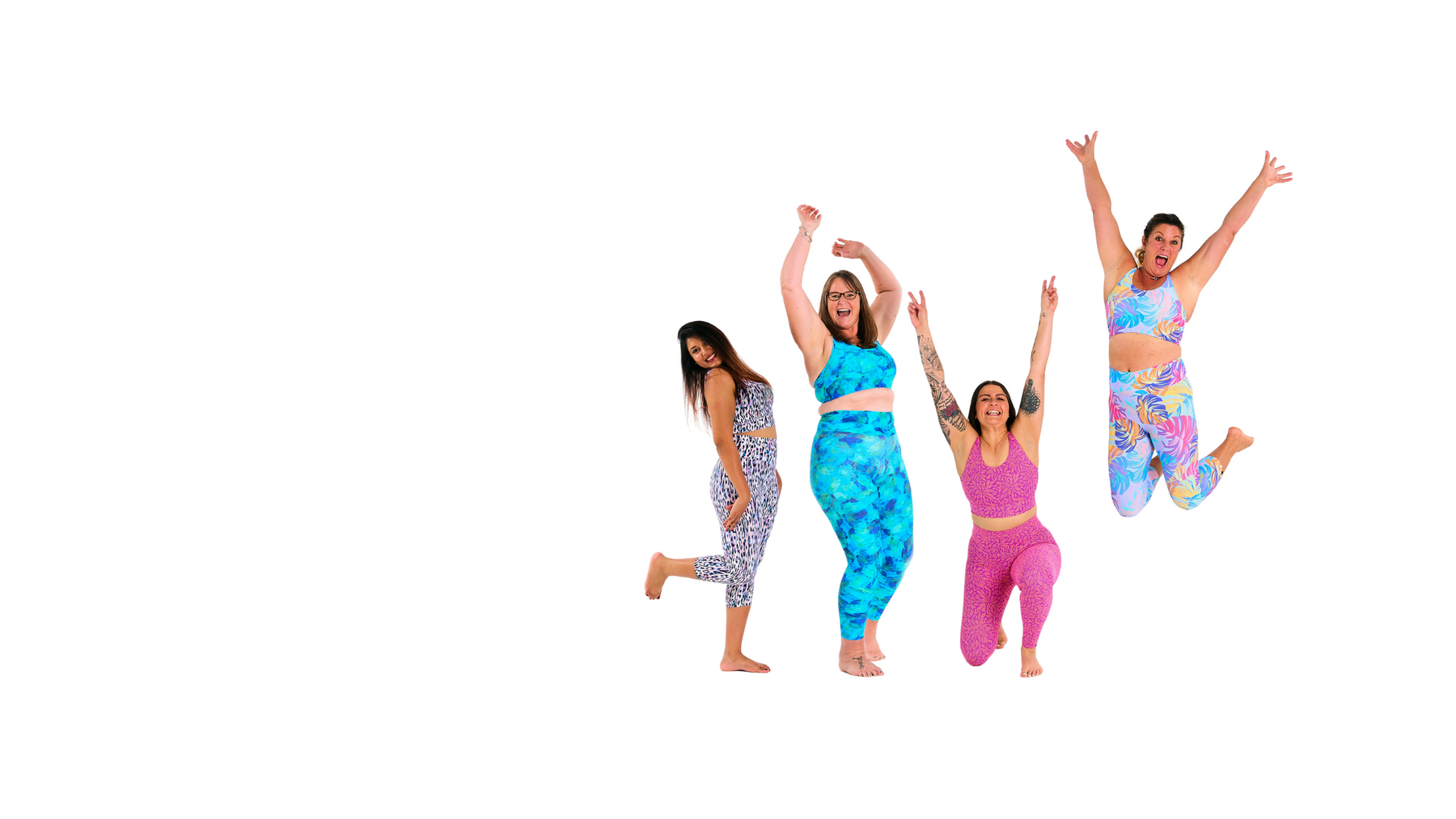 4 women jumping in bright activewear