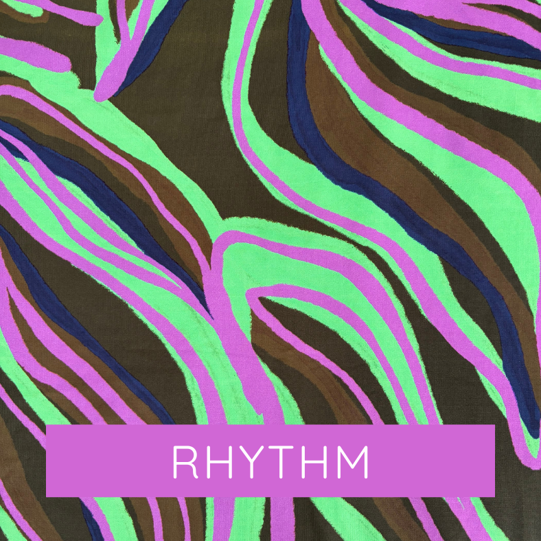 Colourful abstract pattern with wavy lines on a brown background, featuring the word 'RHYTHM'.