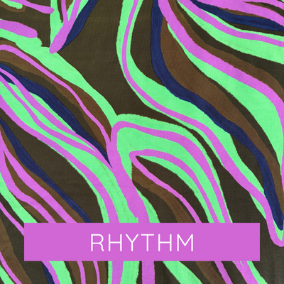 Colourful abstract pattern with wavy lines on a brown background, featuring the word 'RHYTHM'.