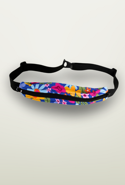 Multicolored floral-patterned waist bag on a white background