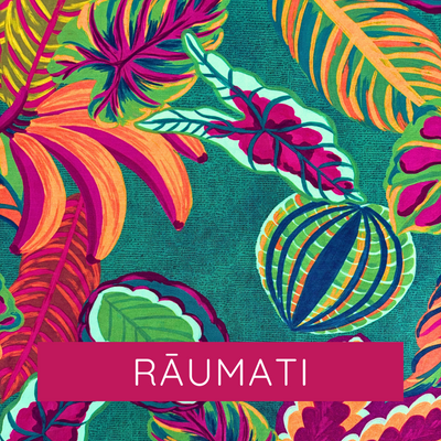 Colorful tropical leaf pattern with 'RAUMATI' branding on a teal background