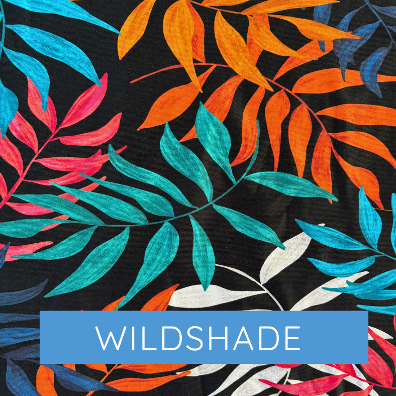 Colorful leaf pattern on a black background with 'WILDSHADE' label.